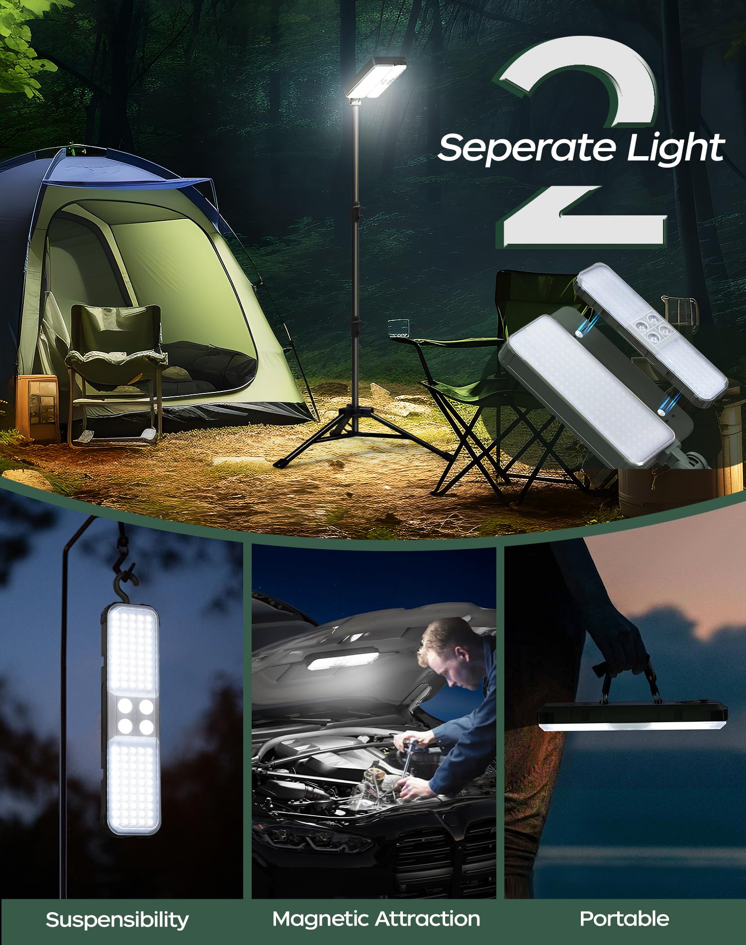 KIALUSH 10000lm Dimmable Rechargeable Work Light – 15000mAh, Detachable Light, 72-inch Telescopic Tripod, Type-C & Solar