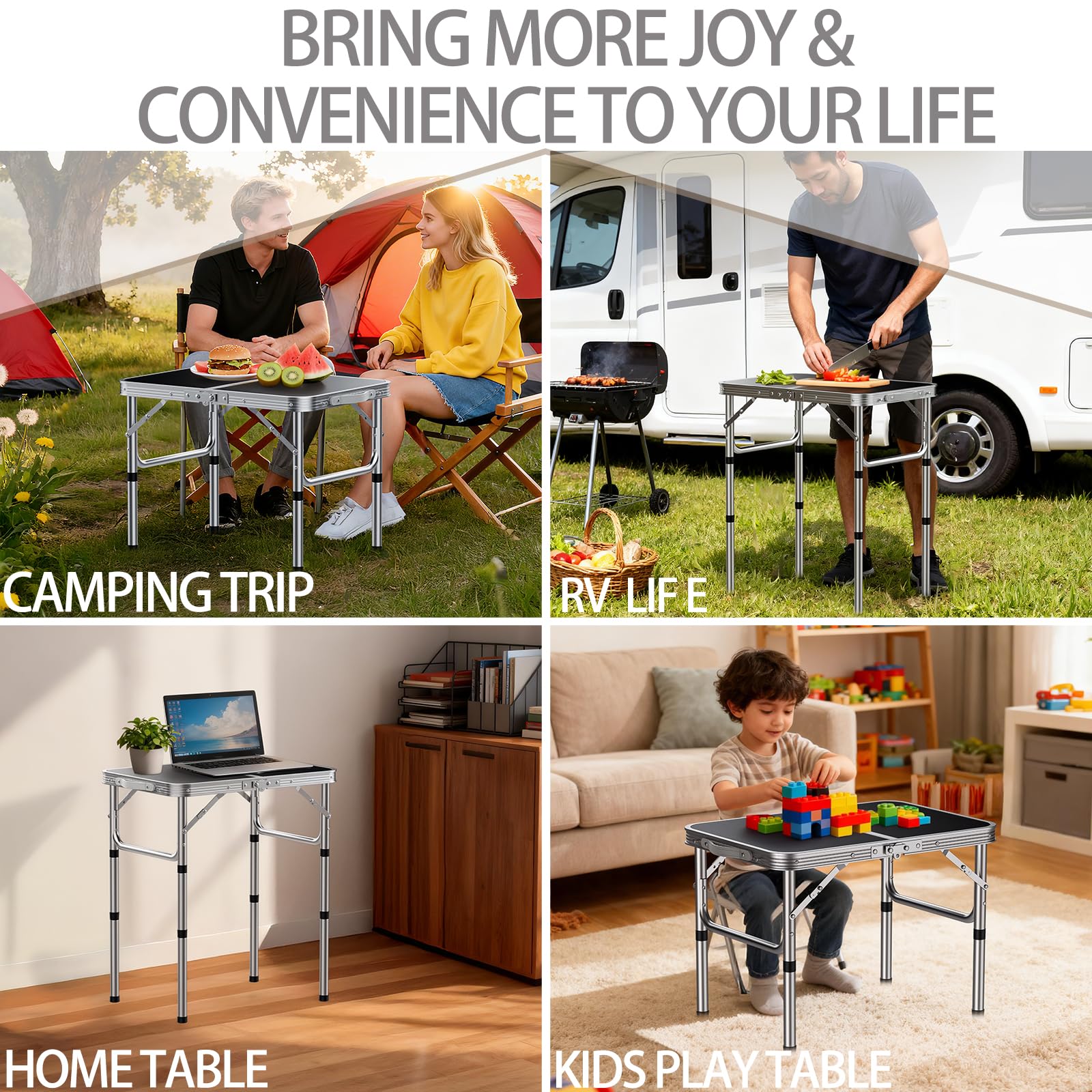 HOMGEN Portable Folding Table - 3-Height Adjustable Aluminum Camping Table, 66 lb Load, 23x16 in