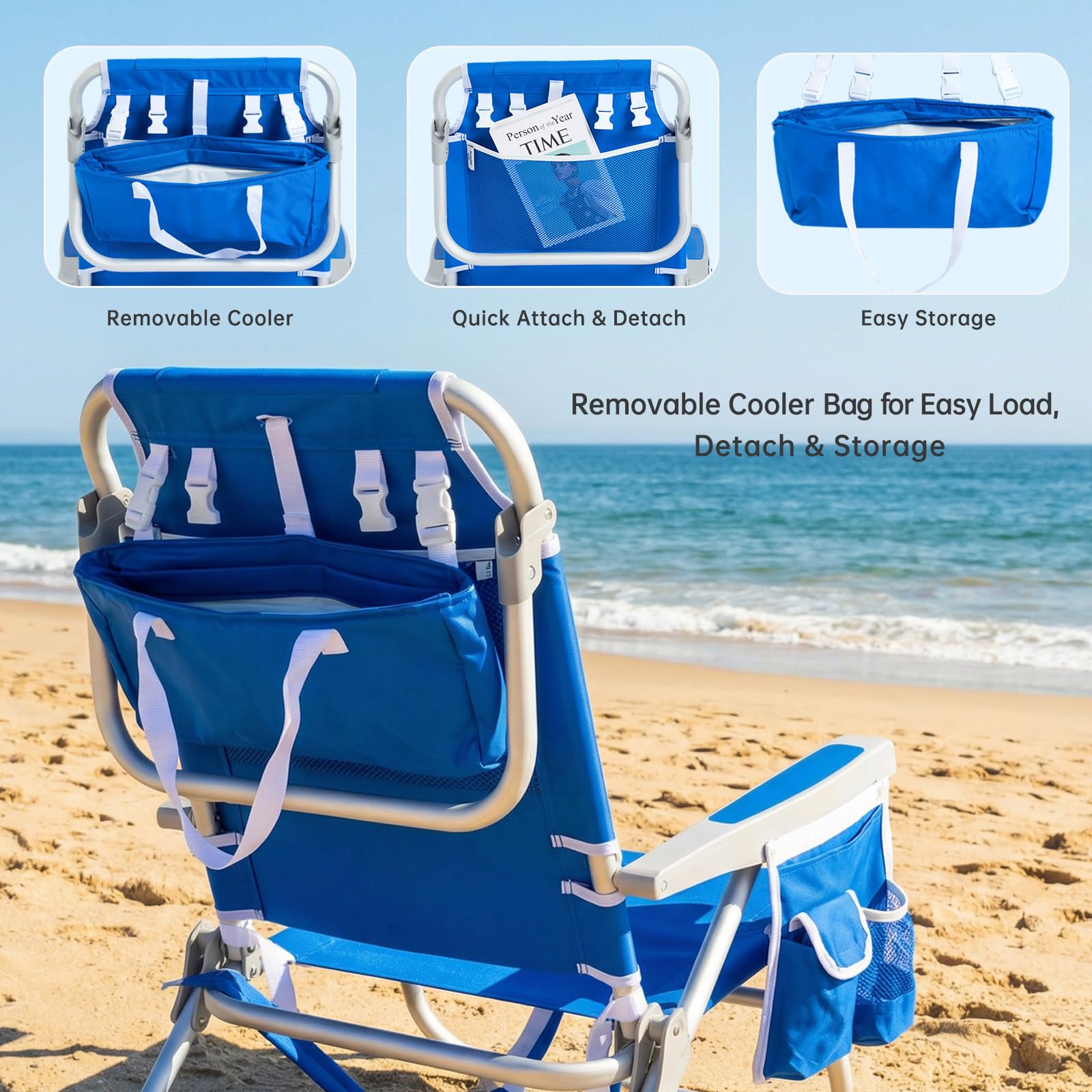 SunnyFeel Low Beach Chair 5-Position Lay Flat – Portable Folding Chair with Cooler Bag (New Blue)