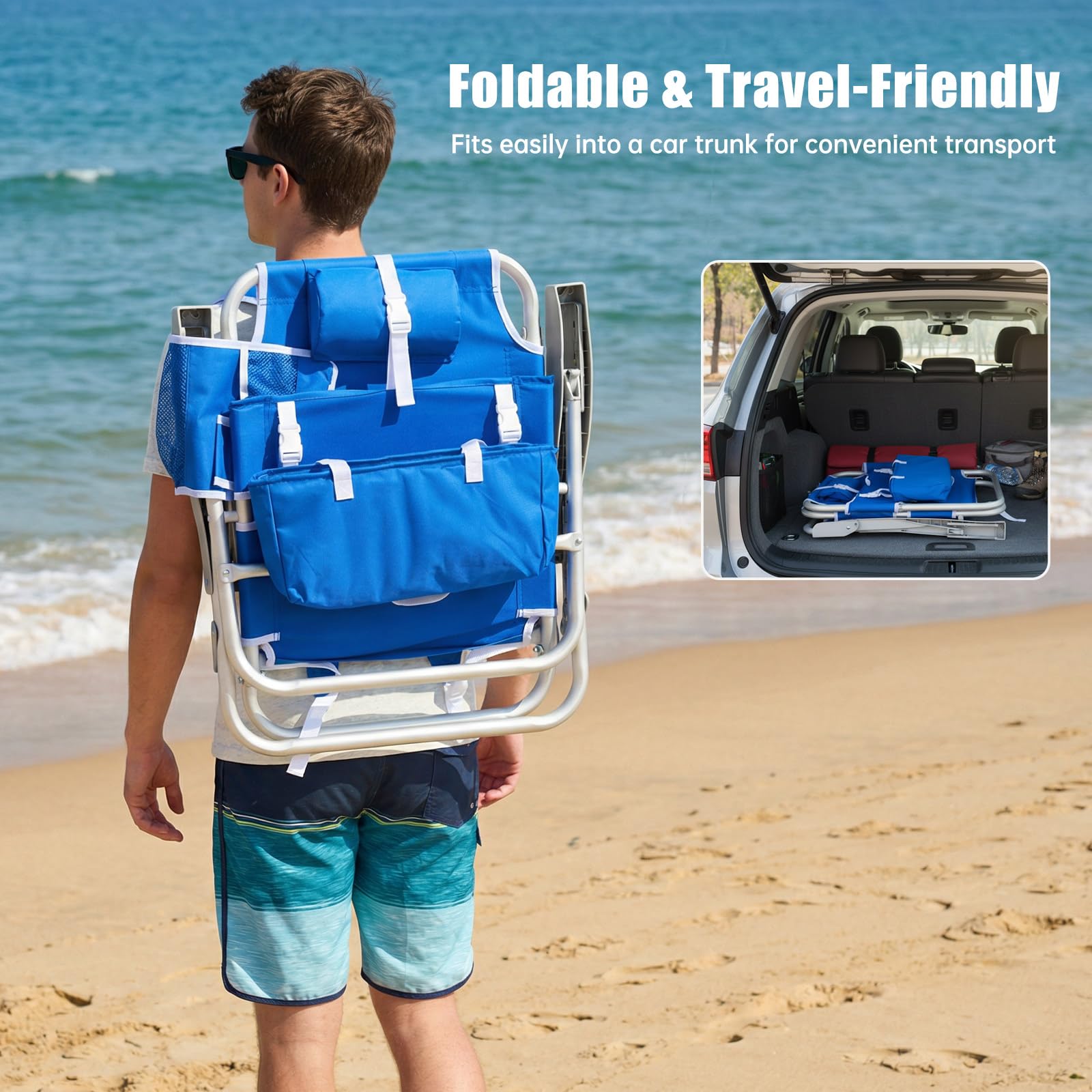 SunnyFeel Low Beach Chair 5-Position Lay Flat – Portable Folding Chair with Cooler Bag (New Blue)