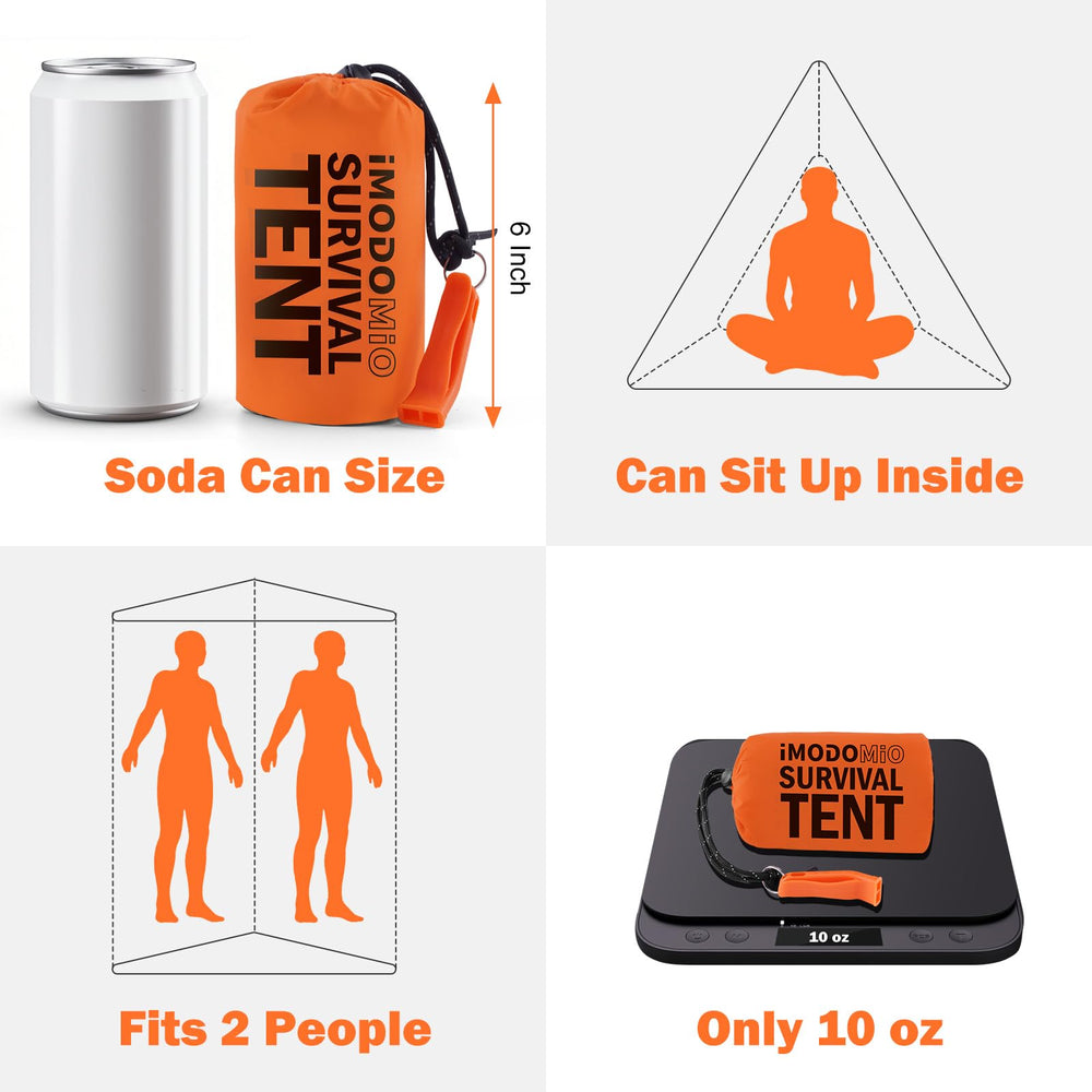 IMODOMIO Emergency Survival Tent setup between trees shows rapid shelter on hikes