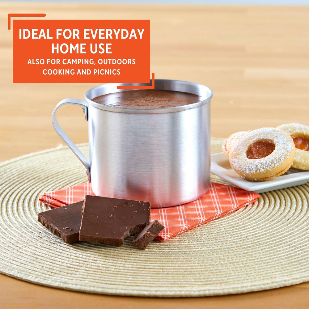 Imusa aluminum mug in use on stove for quick hot drinks