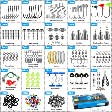 Hooks, weights, and pliers included in the kit