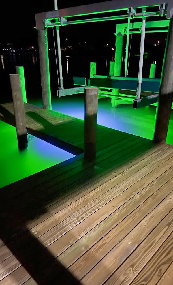Incredible Underwater LED Lighting in action around docks with fish circling