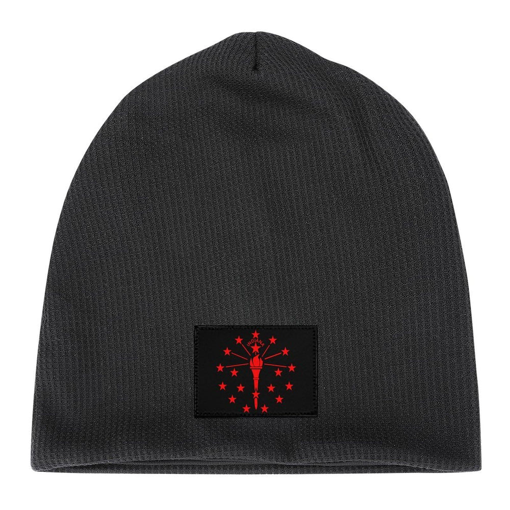 Indiana State Flag Winter Beanie folded cuff demonstrates extra ear coverage