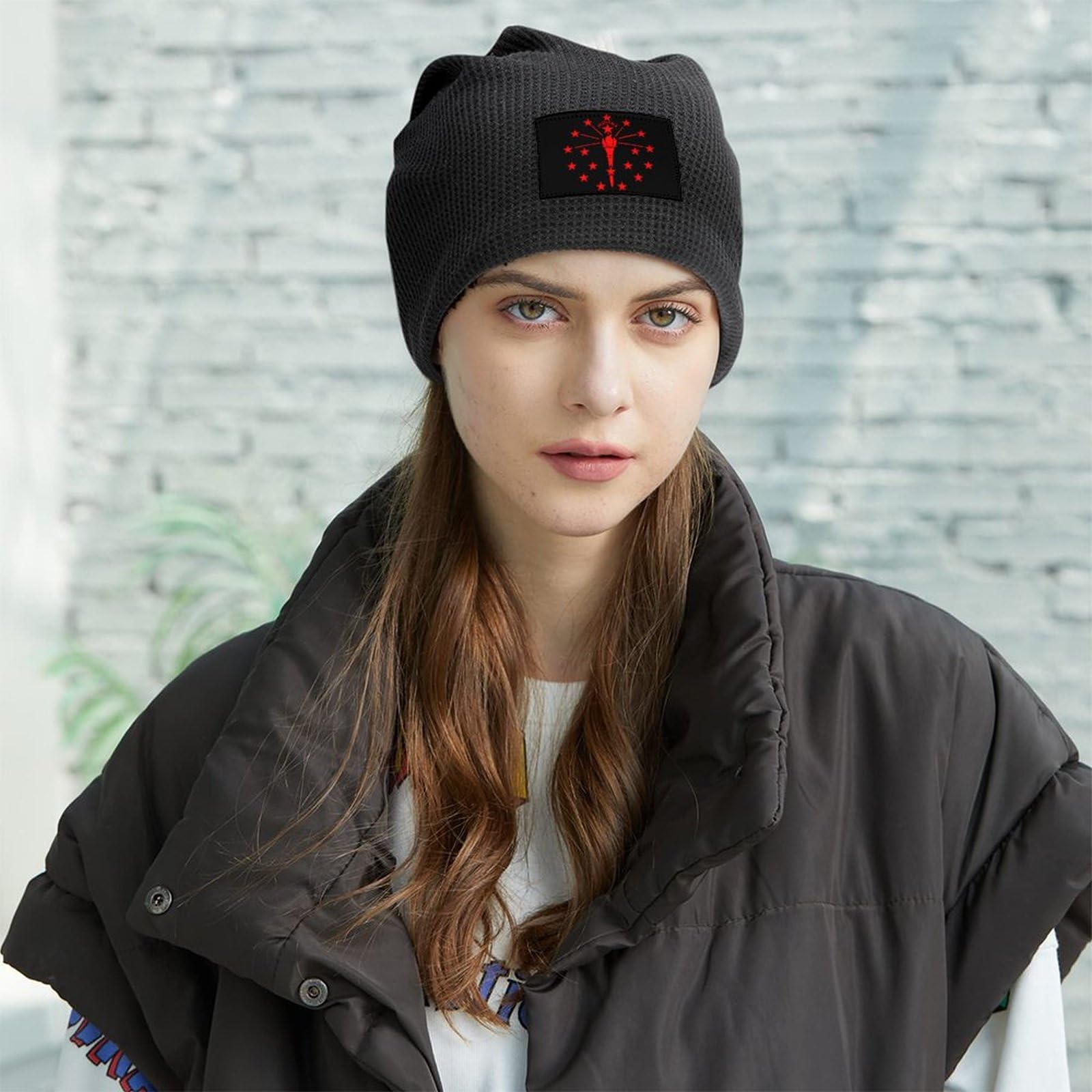 Indiana State Flag Winter Beanie on model shows versatile unisex style