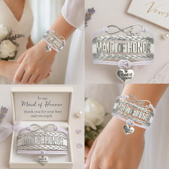 Infinity Collection Maid of Honor Bracelet wrist shot demonstrates adjustable 6 to 8 inch fit