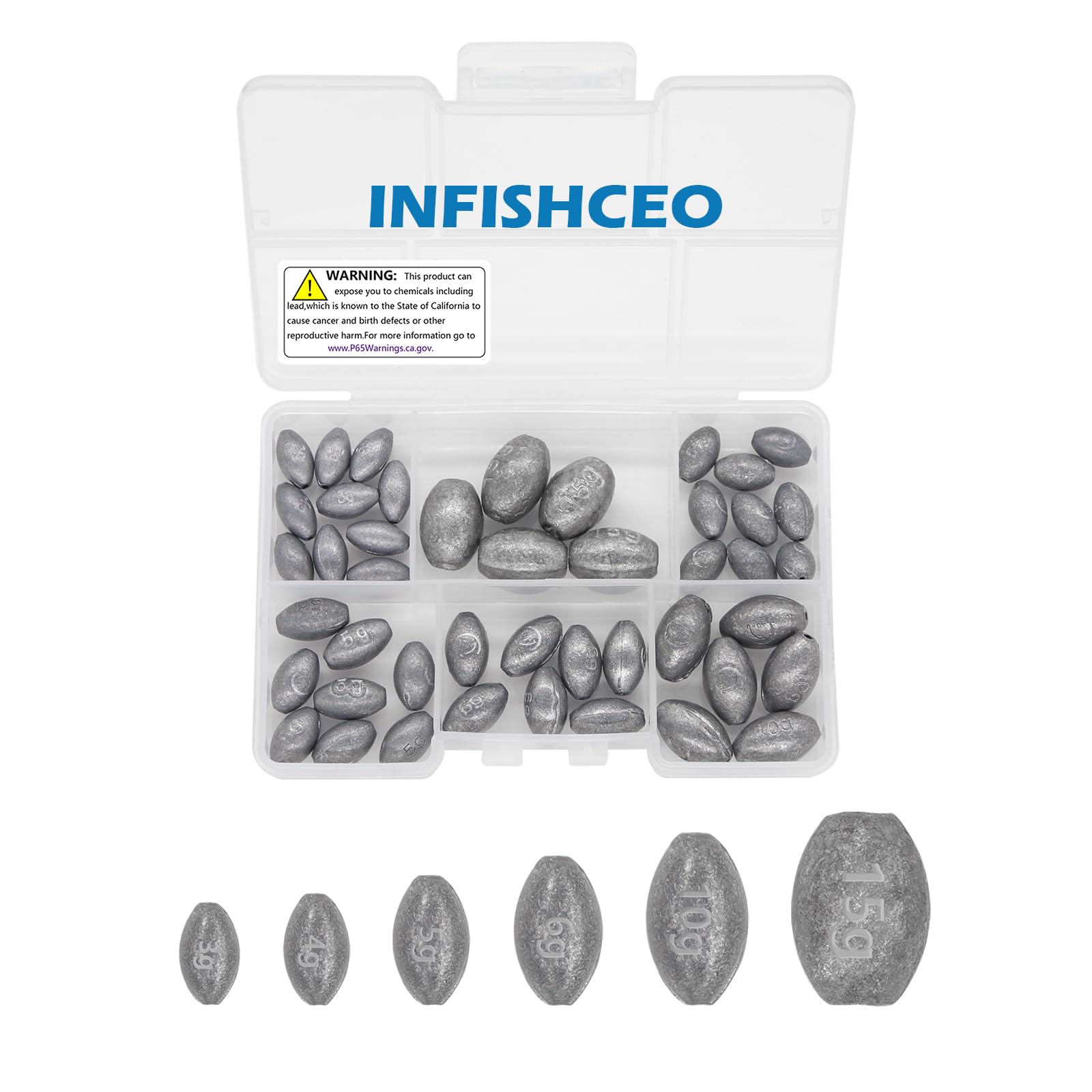INFISHCEO 45-piece fishing weights set in a reusable tackle box