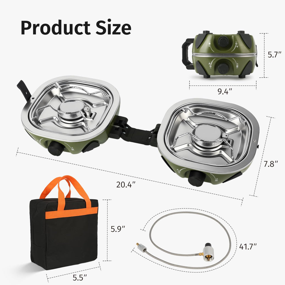 INFOOD propane camping stove 20k BTU provides powerful heat for quick boils and sears.