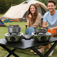 INFOOD propane camping stove with dual burners enabling fast, flexible outdoor meals.