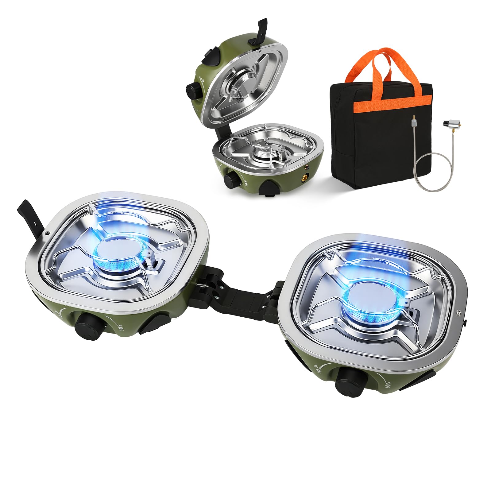 INFOOD propane camping stove folded-compact design for easy transport and space-saving camp cooking.
