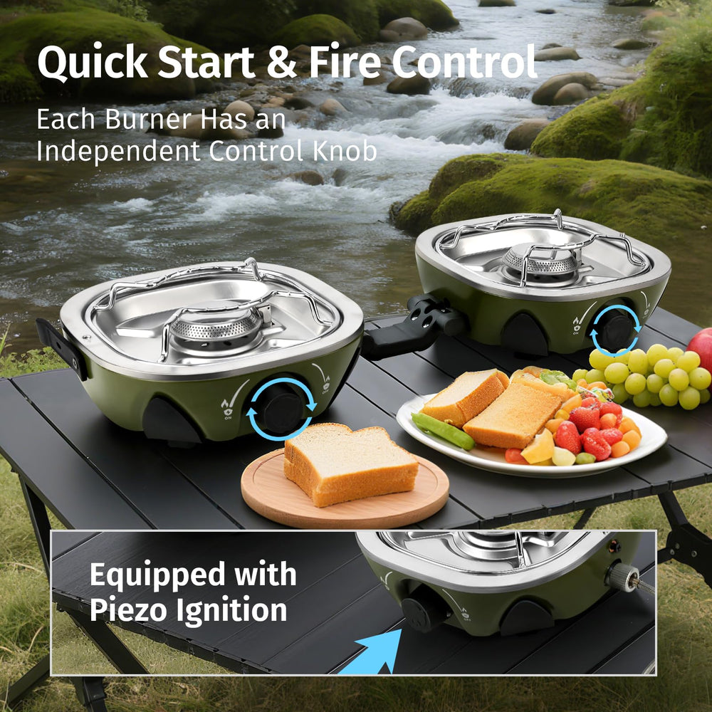 INFOOD propane camping stove with piezo ignition for quick, hands-free lighting.