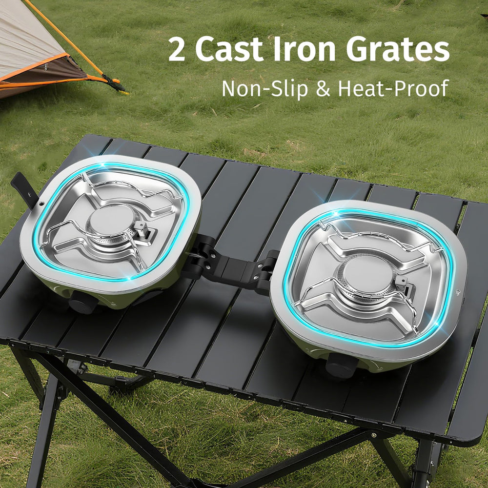 INFOOD propane camping stove removable grill racks simplify cleaning after meals.