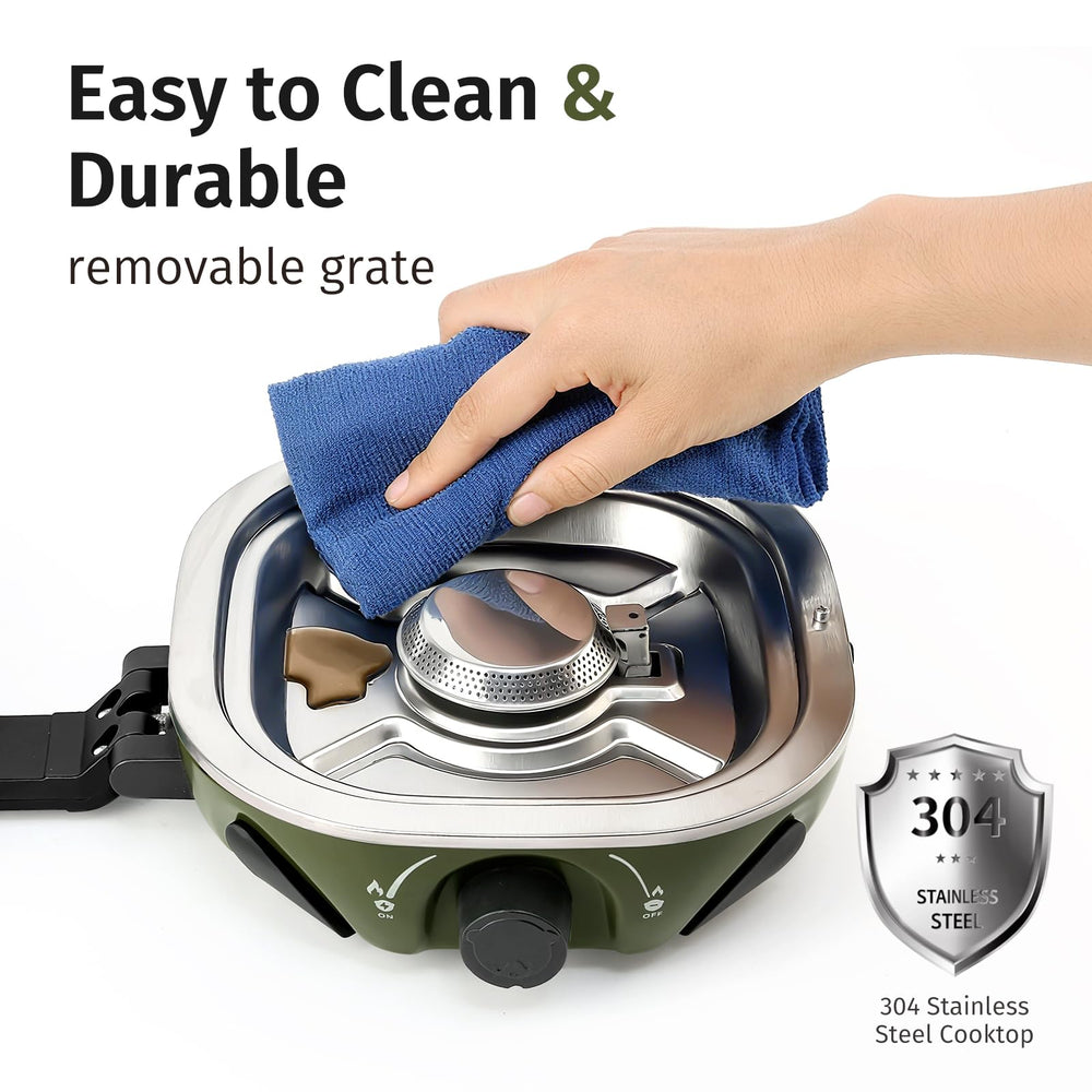 INFOOD propane camping stove stainless-steel body resists corrosion and cleans easily.