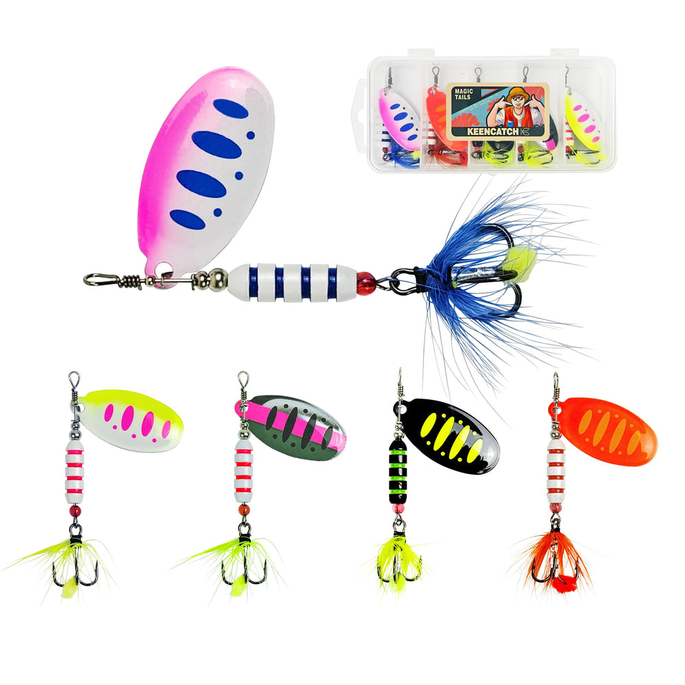 Inline spinner bait set in a tackle box for trout