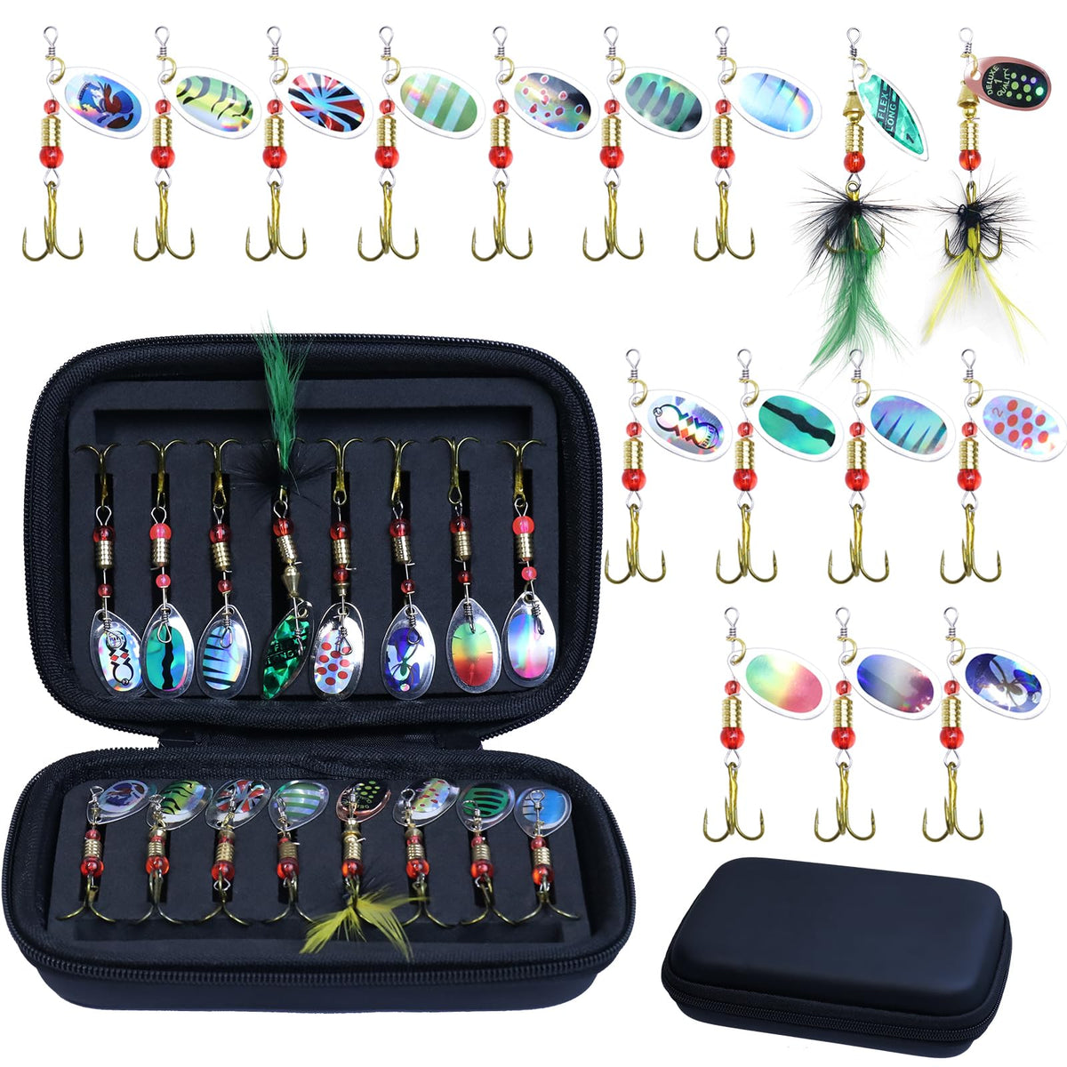 Inmorven 16-piece spinnerbait lures kit displayed with carry bag
