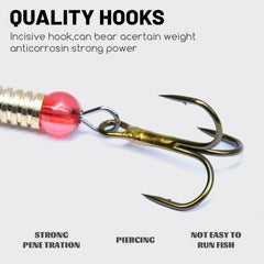 Close-up of shiny blades and colorful sleeves on spinnerbait lures