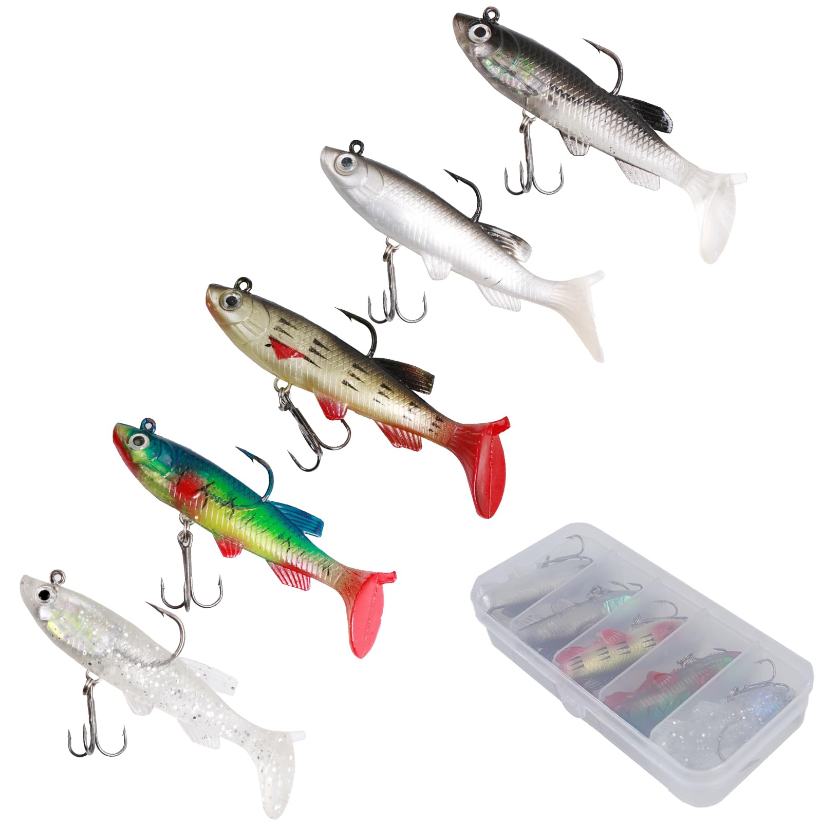 Inmorven soft fishing lures set with 5 colors in a tackle box