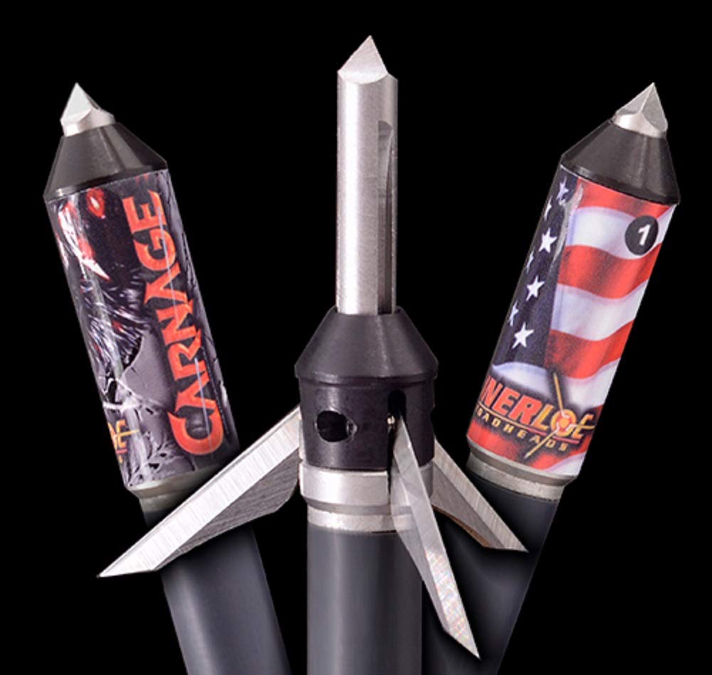 Innerloc Carnage 100 grain expandable broadhead in flight for precise crossbow use.