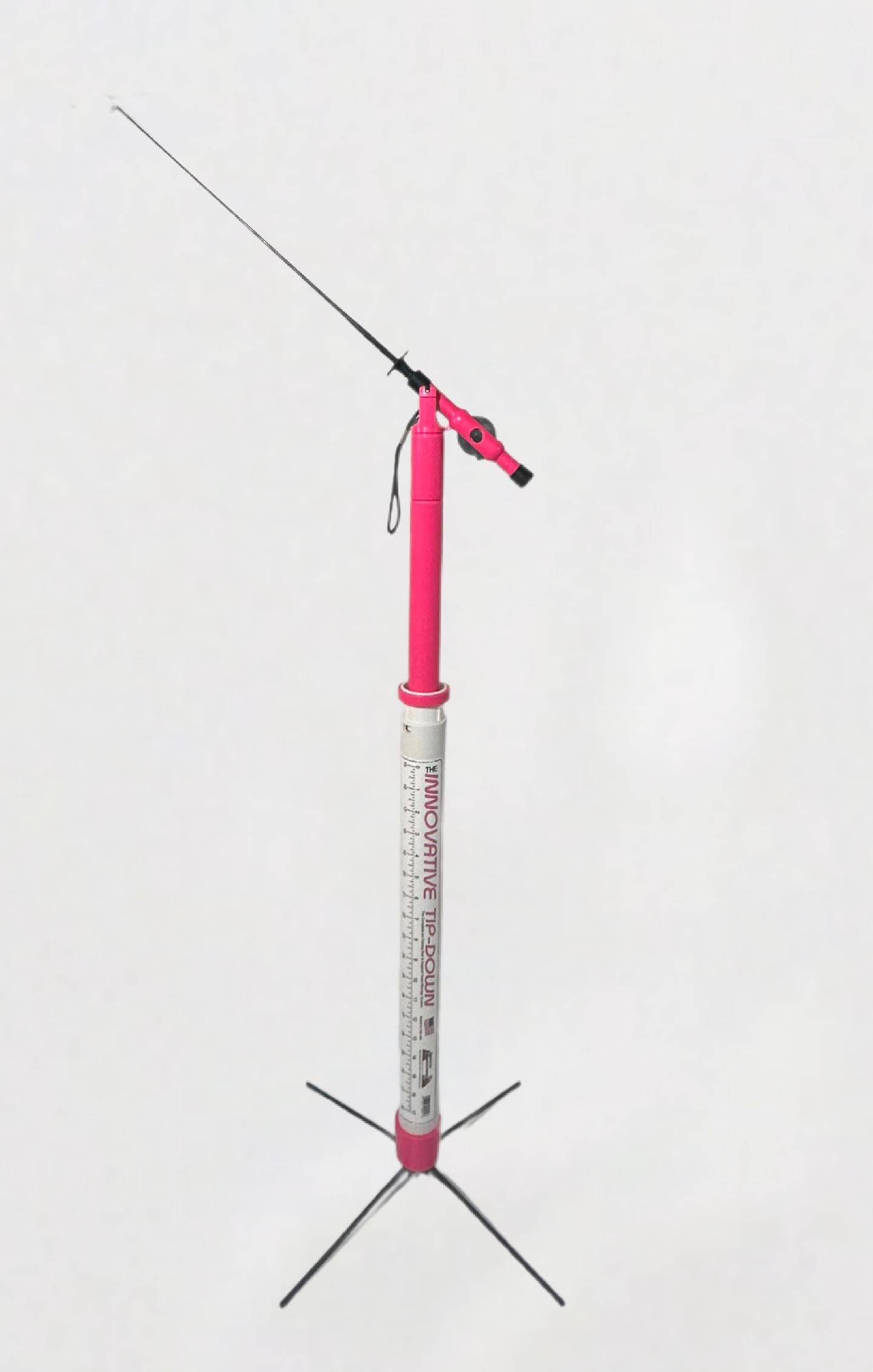 Innovative Tip Down Ice Fishing System in pink, improves visibility and control on ice fishing trips.