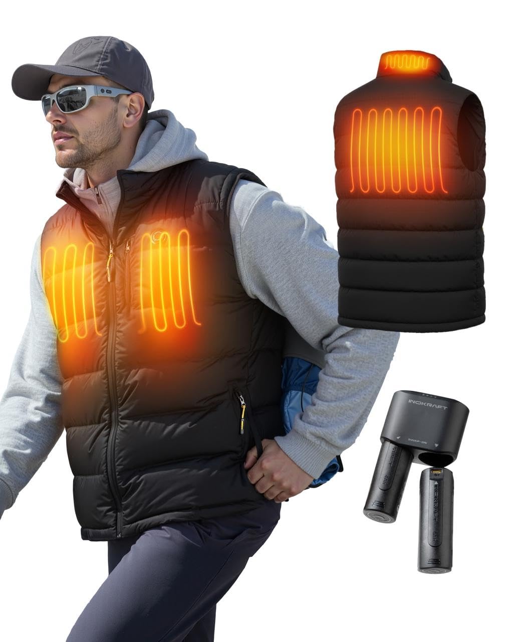 InoKraft heated vest back view highlights even heat across neck chest and back.
