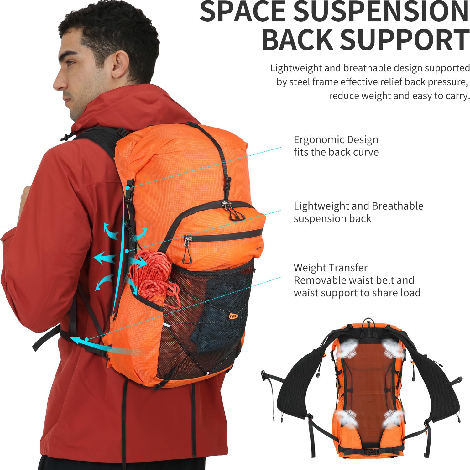 IX INOXTO hiking backpack rain-cover pouch detail underscores weather protection