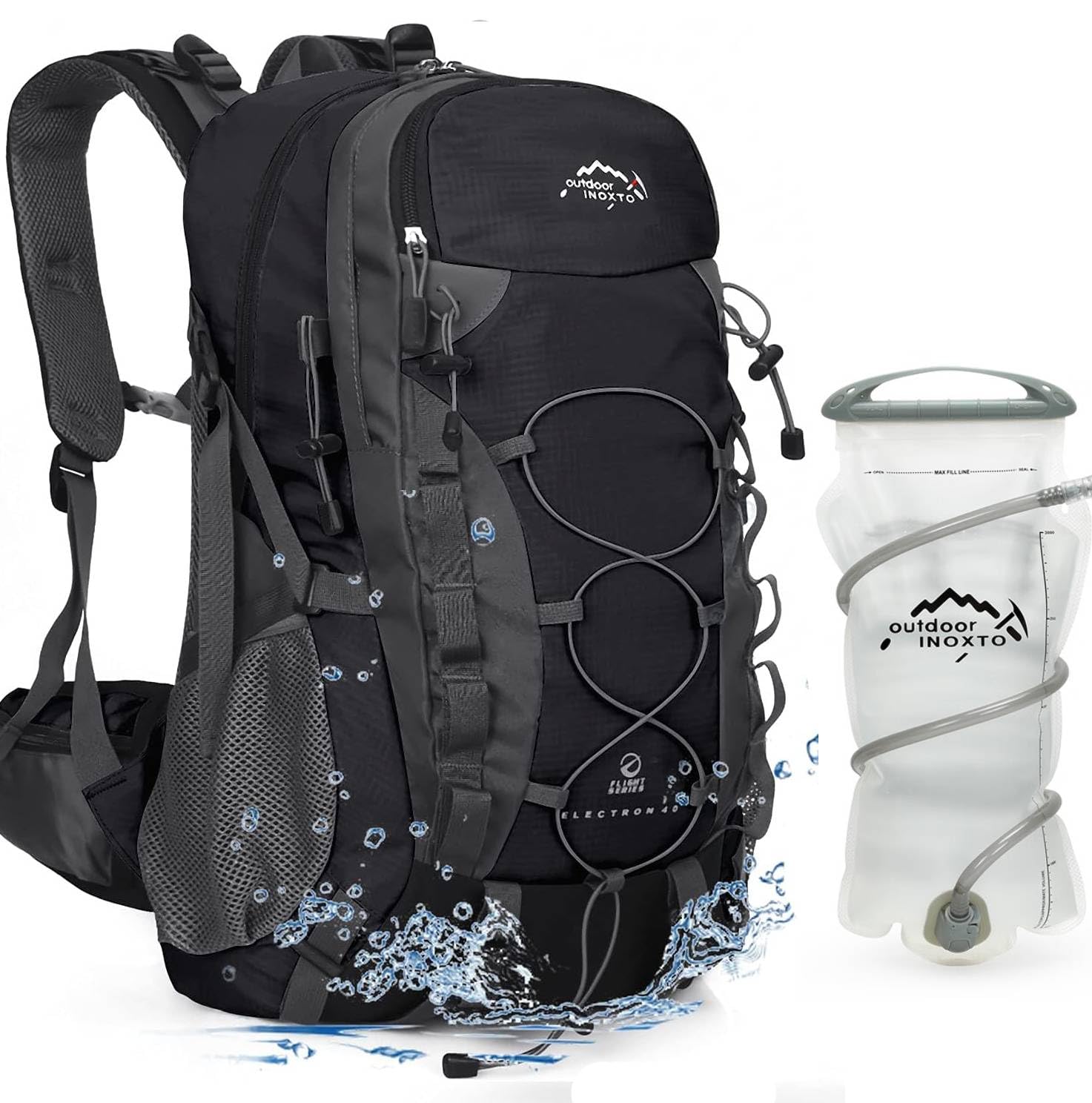 INOXTO lightweight hiking backpack in black side view for balanced carry on trails.