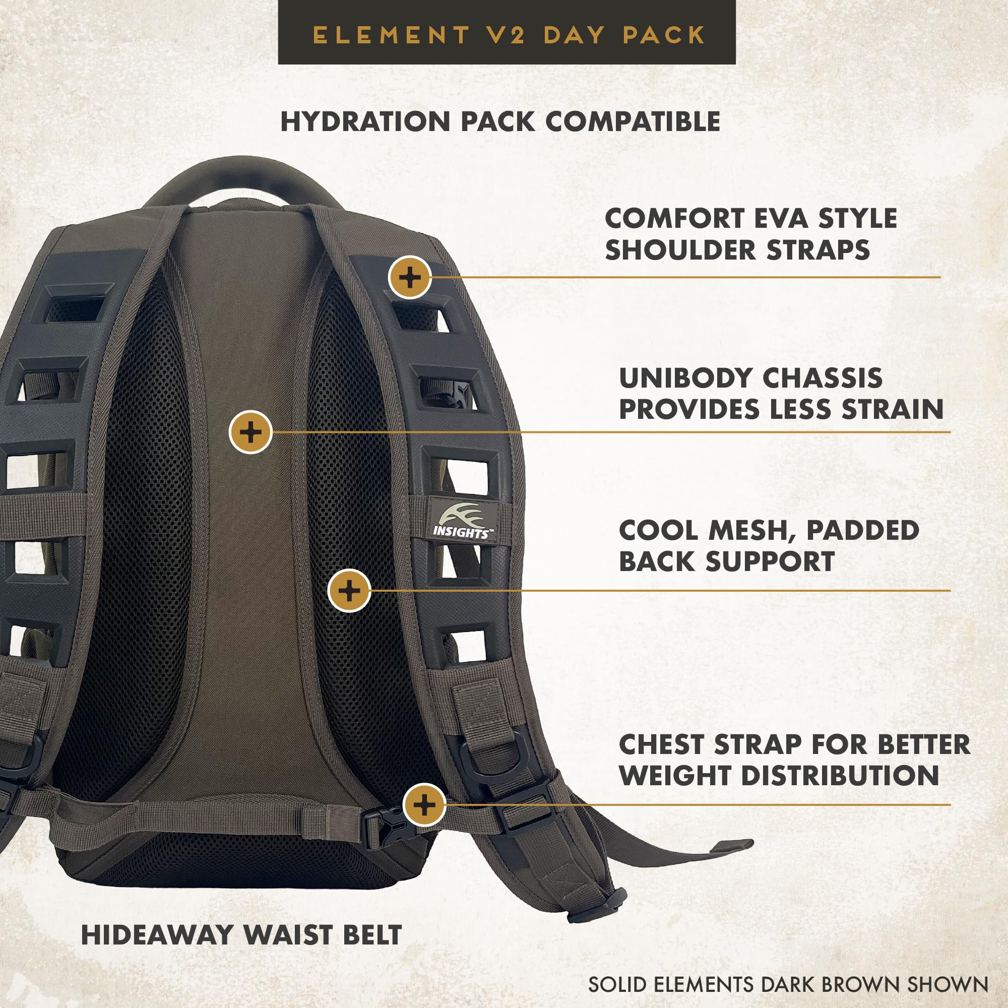 Insights Hunting V2 Element padded shoulder straps reduce fatigue