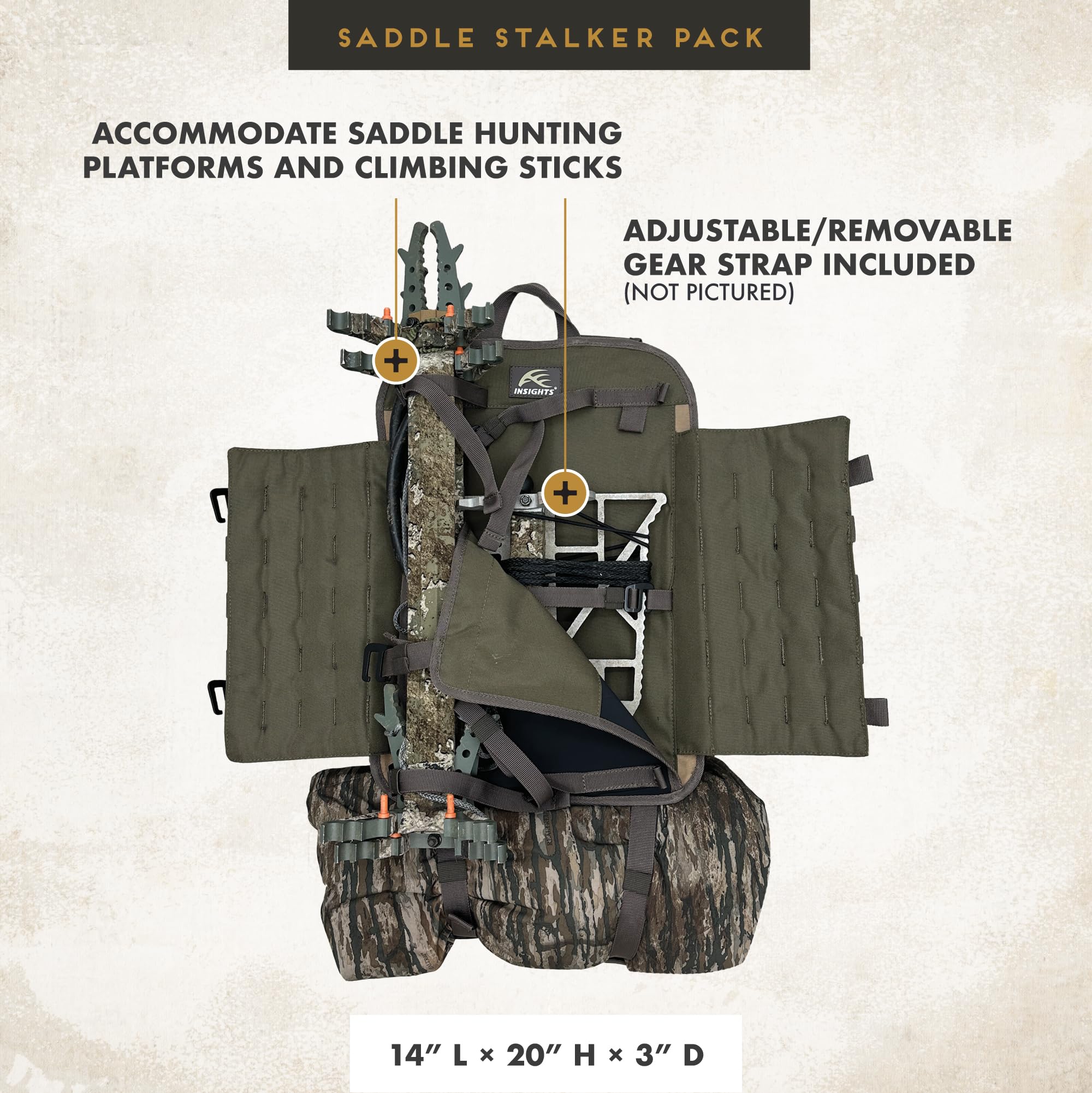 Insights Saddle Stalker Backpack MOLLE system enables modular accessory attachment.
