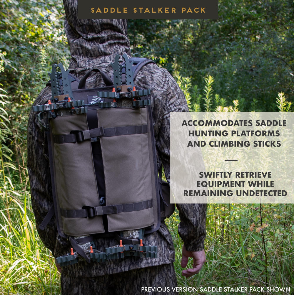Insights Saddle Stalker Backpack platform compartment expanded for extra gear storage.
