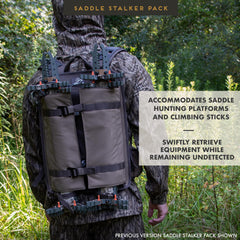 Insights Saddle Stalker Backpack platform compartment expanded for extra gear storage.