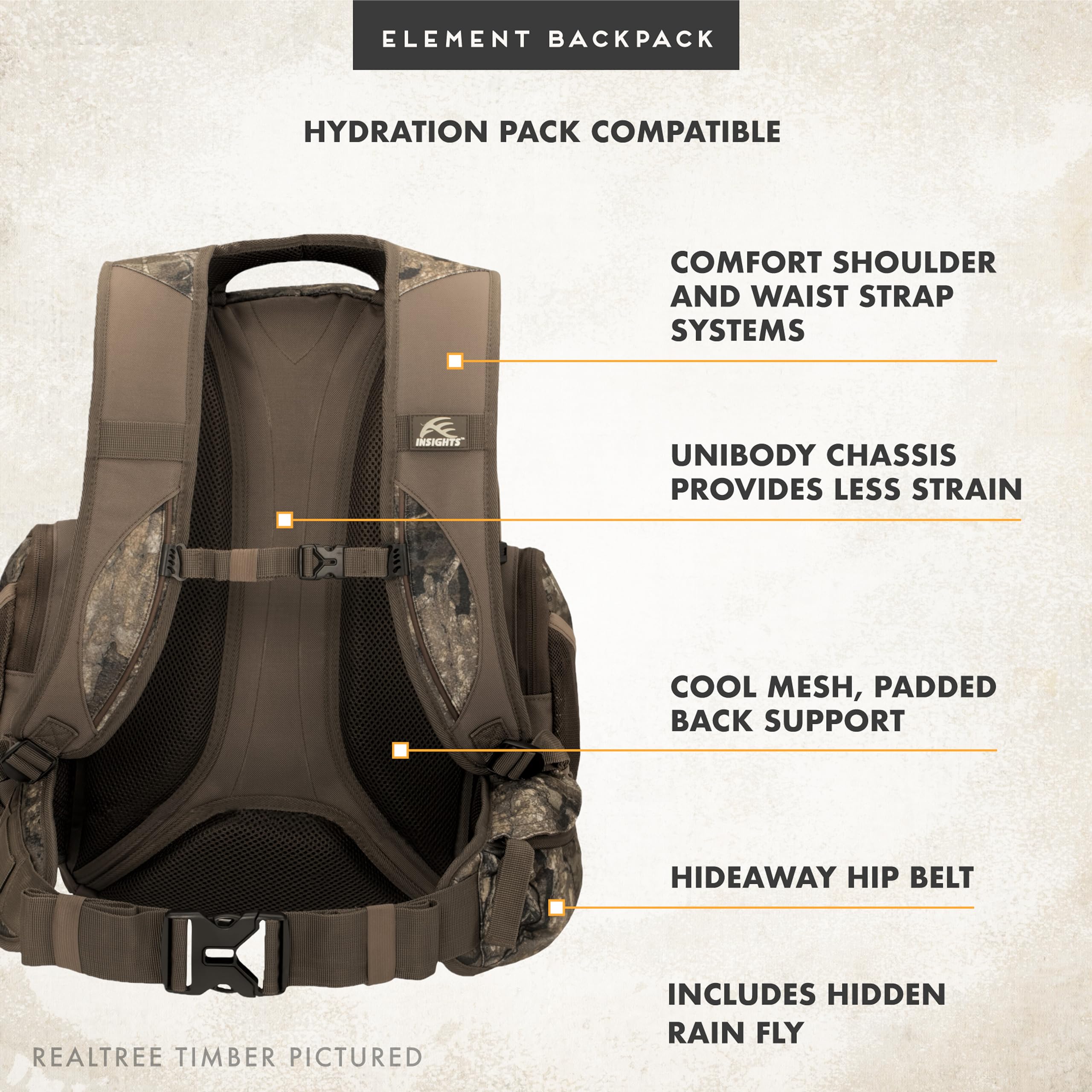 Insights The Element spacious pocketing aids organization for hunting or camping trips