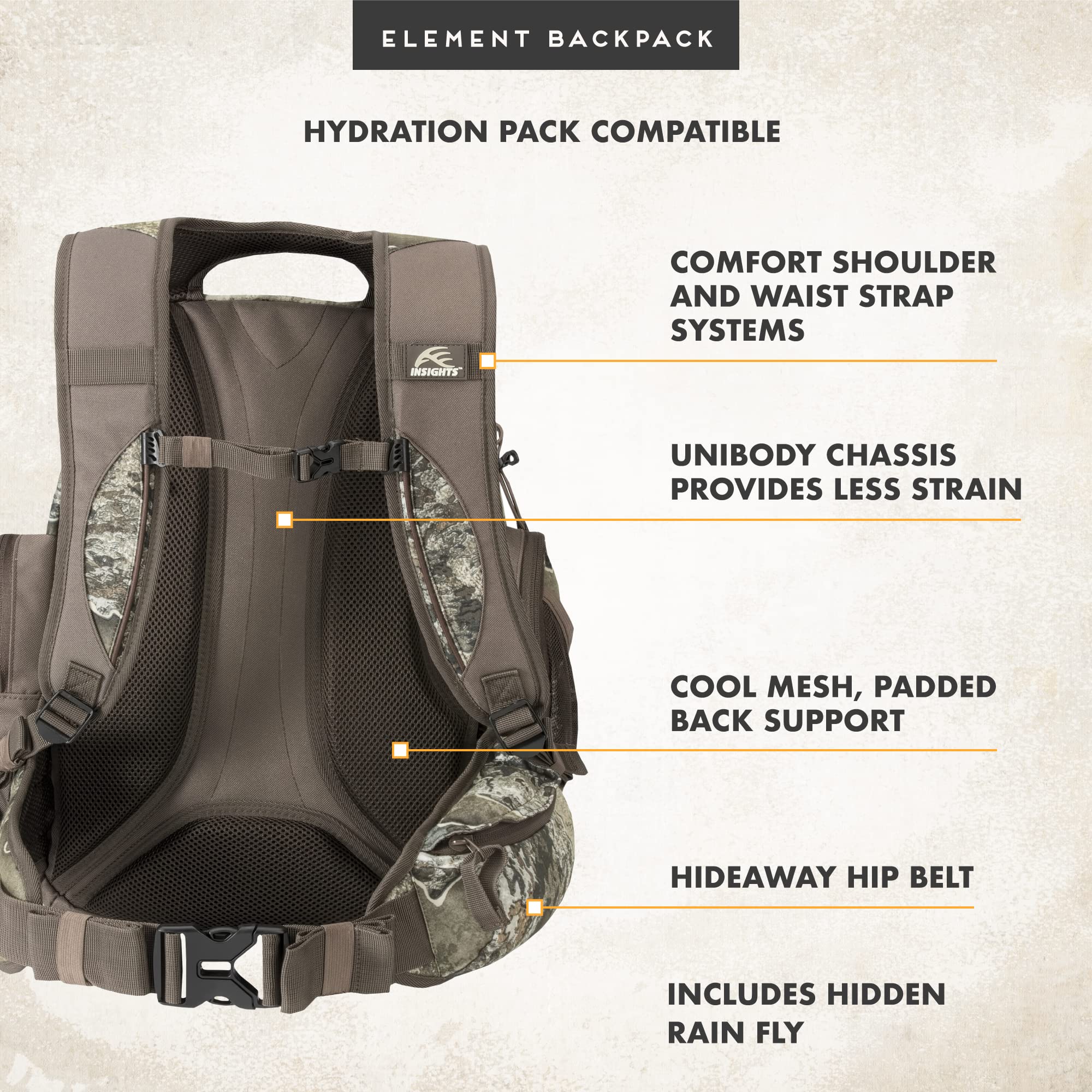 Insights The Element ready for hiking and hunting with flexible front storage.