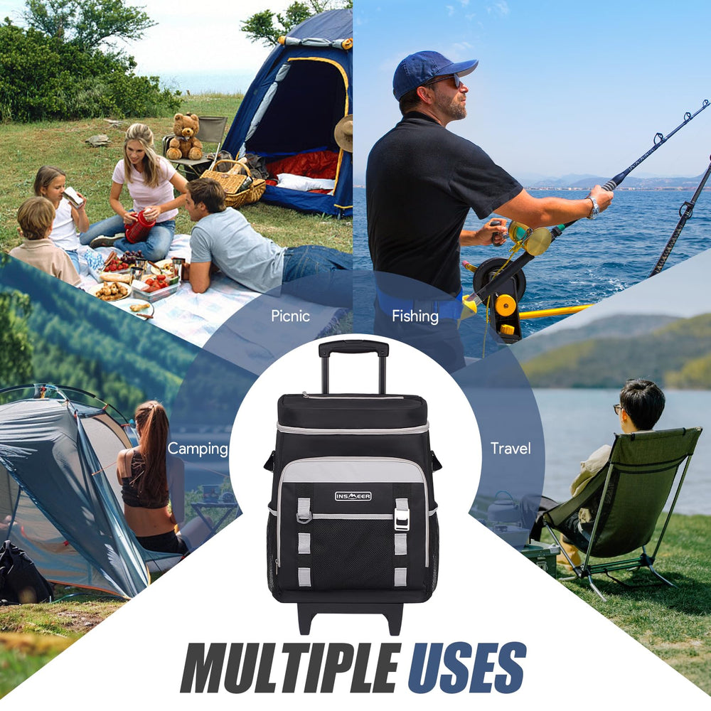 INSMEER cooler in camping setup demonstrates versatile portable outdoor use.