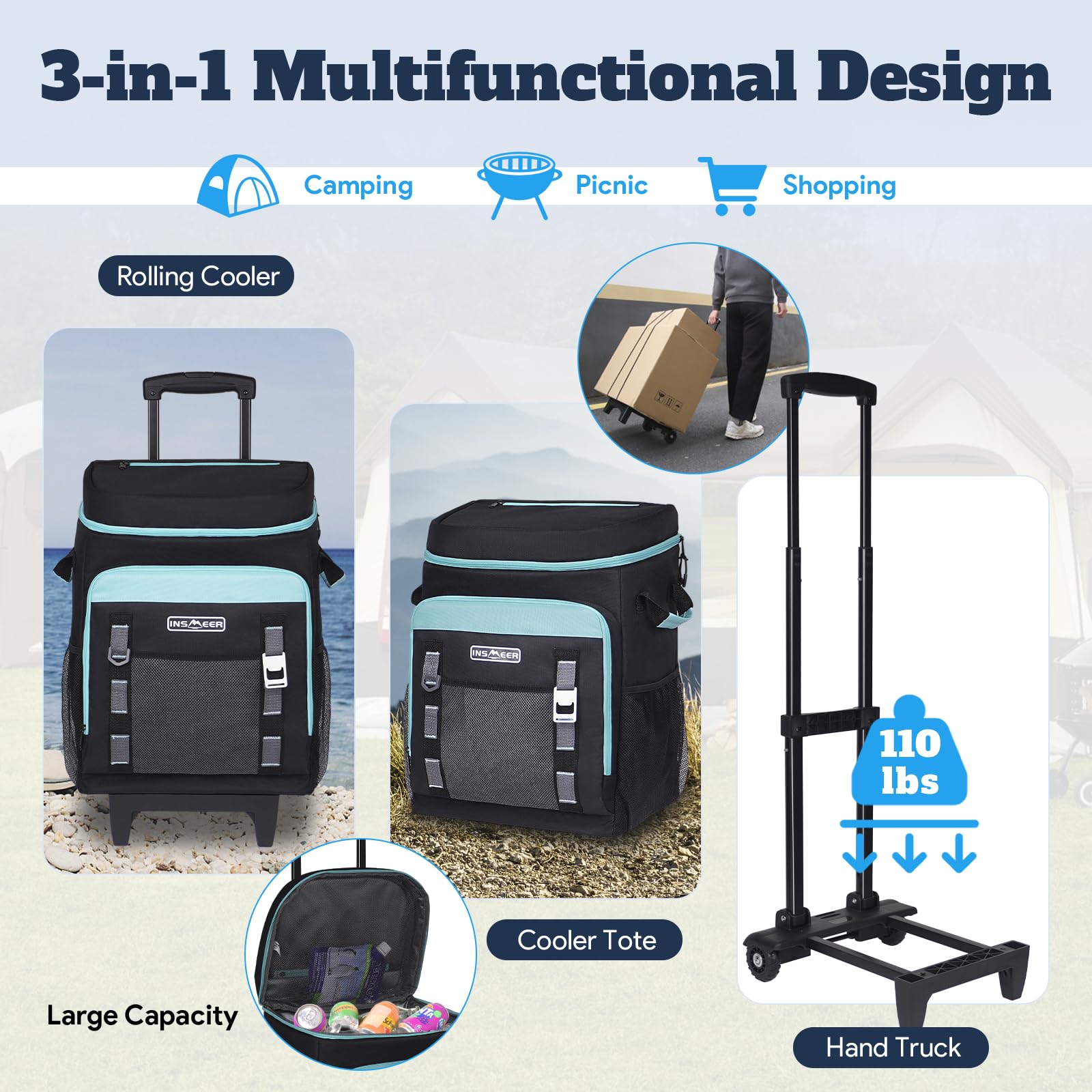 INSMEER cooler with wheels and handle front view demonstrates portable rolling design for events.