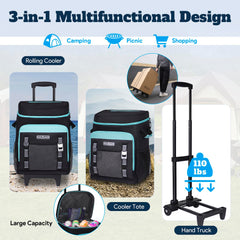 INSMEER cooler with wheels and handle front view demonstrates portable rolling design for events.