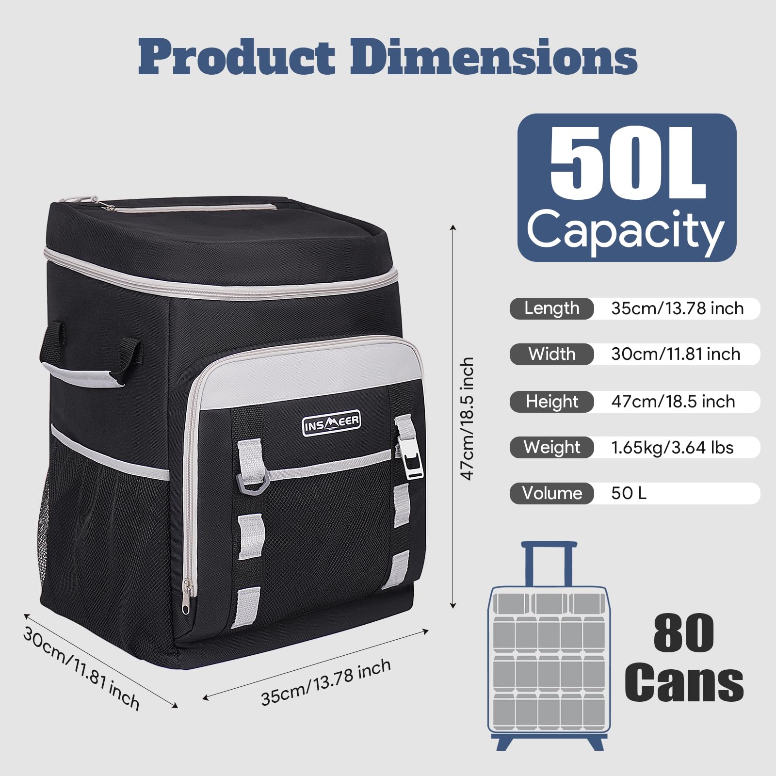 INSMEER rolling cooler interior shows 50L capacity for groceries and picnics.