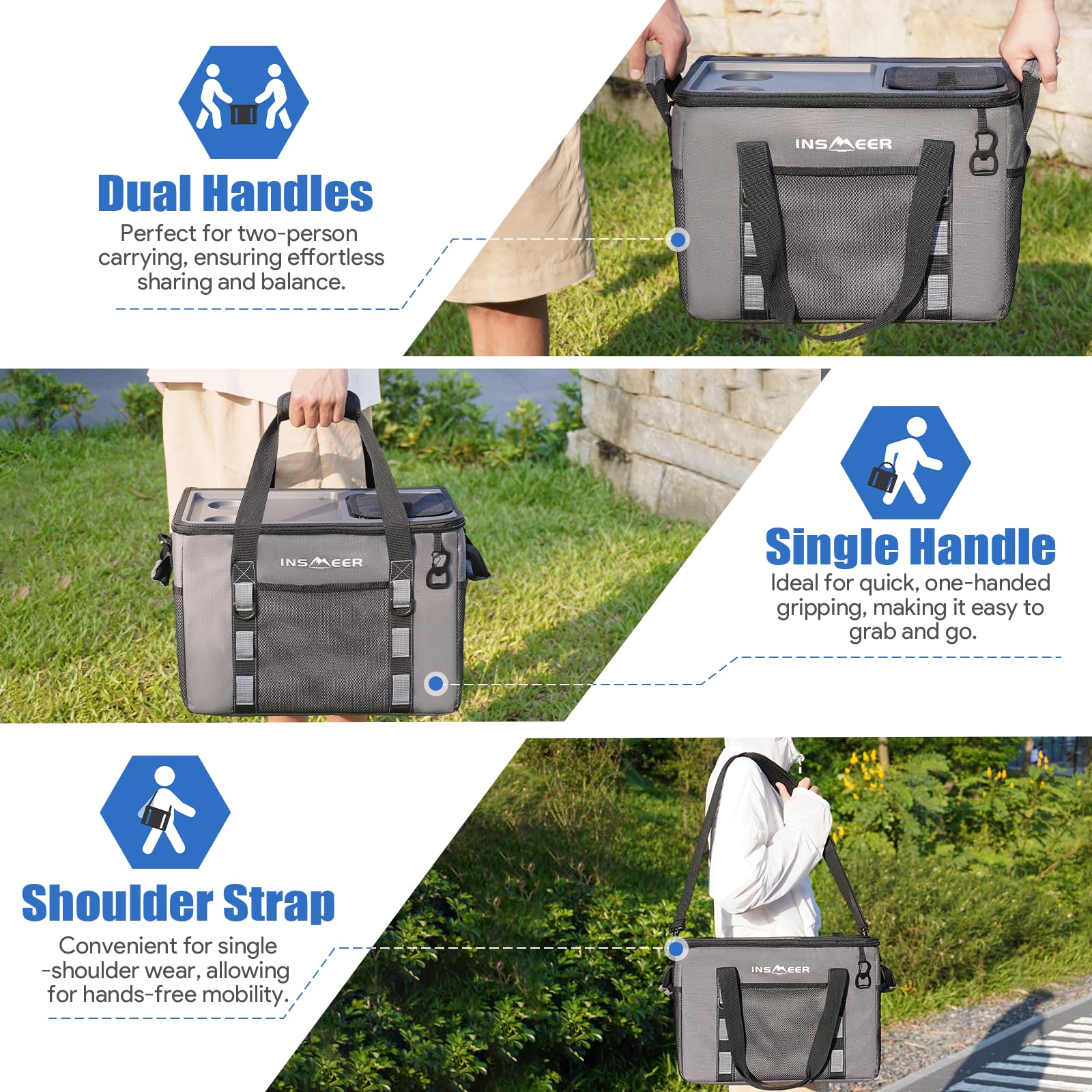 INSMEER cooler features adjustable shoulder strap and dual handles for easy carrying.