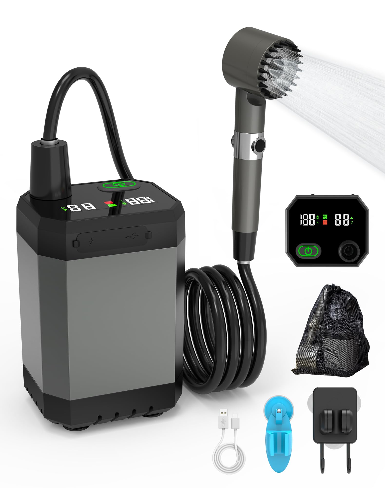 INSSISAIN portable shower front view highlighting compact camping-ready design for travel.
