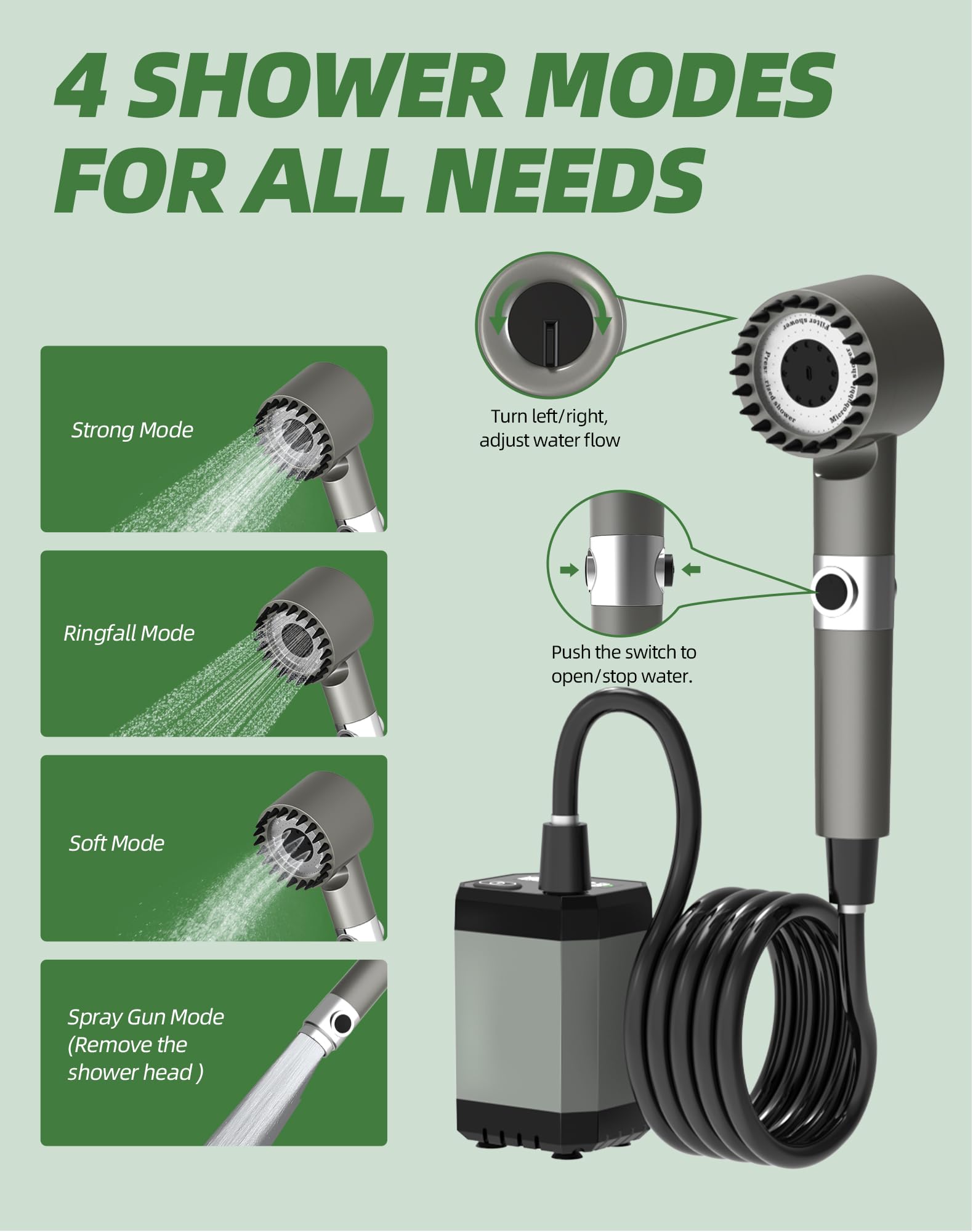 INSSISAIN four-spray mode shower head demonstrates versatile flow for camping and pet washing.