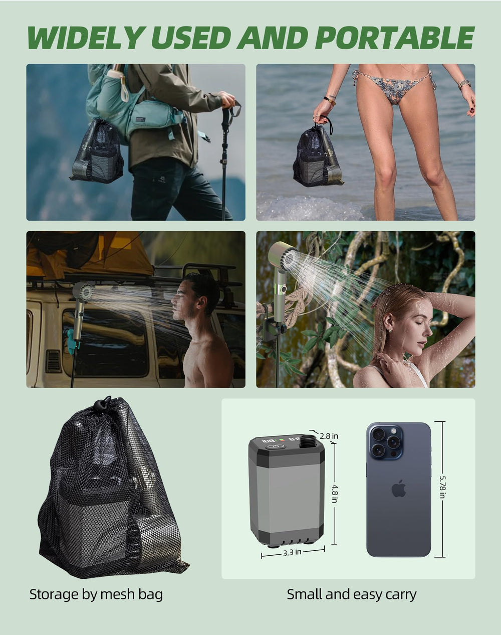 INSSISAIN complete camping kit includes pump, head, hose, cable, and hooks.