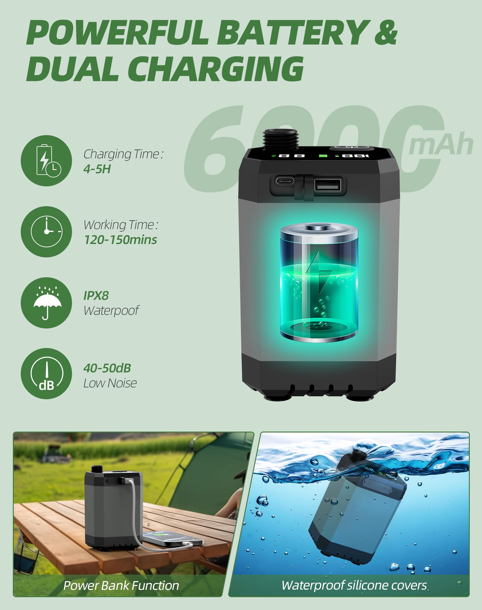INSSISAIN camping shower with LED display shows battery level at a glance.