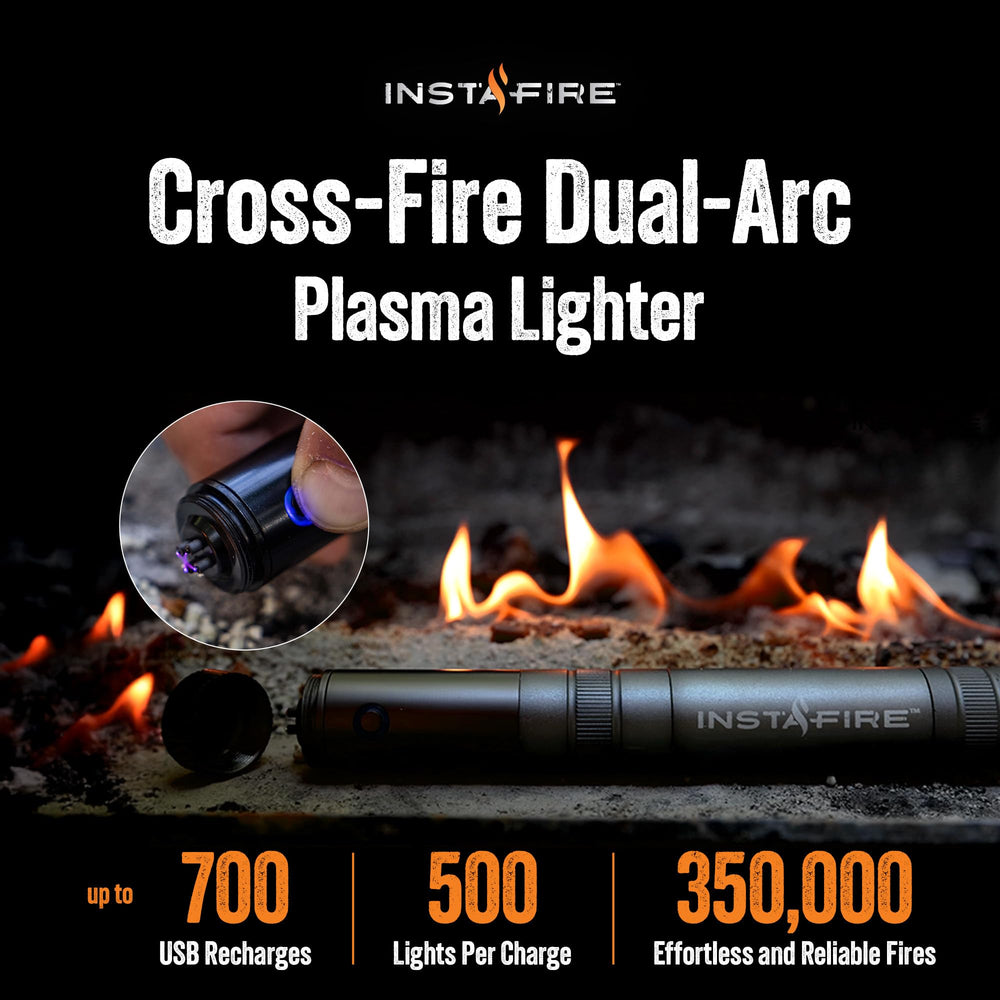 Insta-Fire Cross-Fire dual-arc lighter, side view, compact everyday carry.