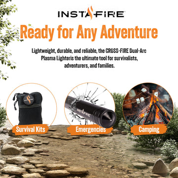 Insta-Fire Cross-Fire dual-arc lighter storage compartment for tinder.