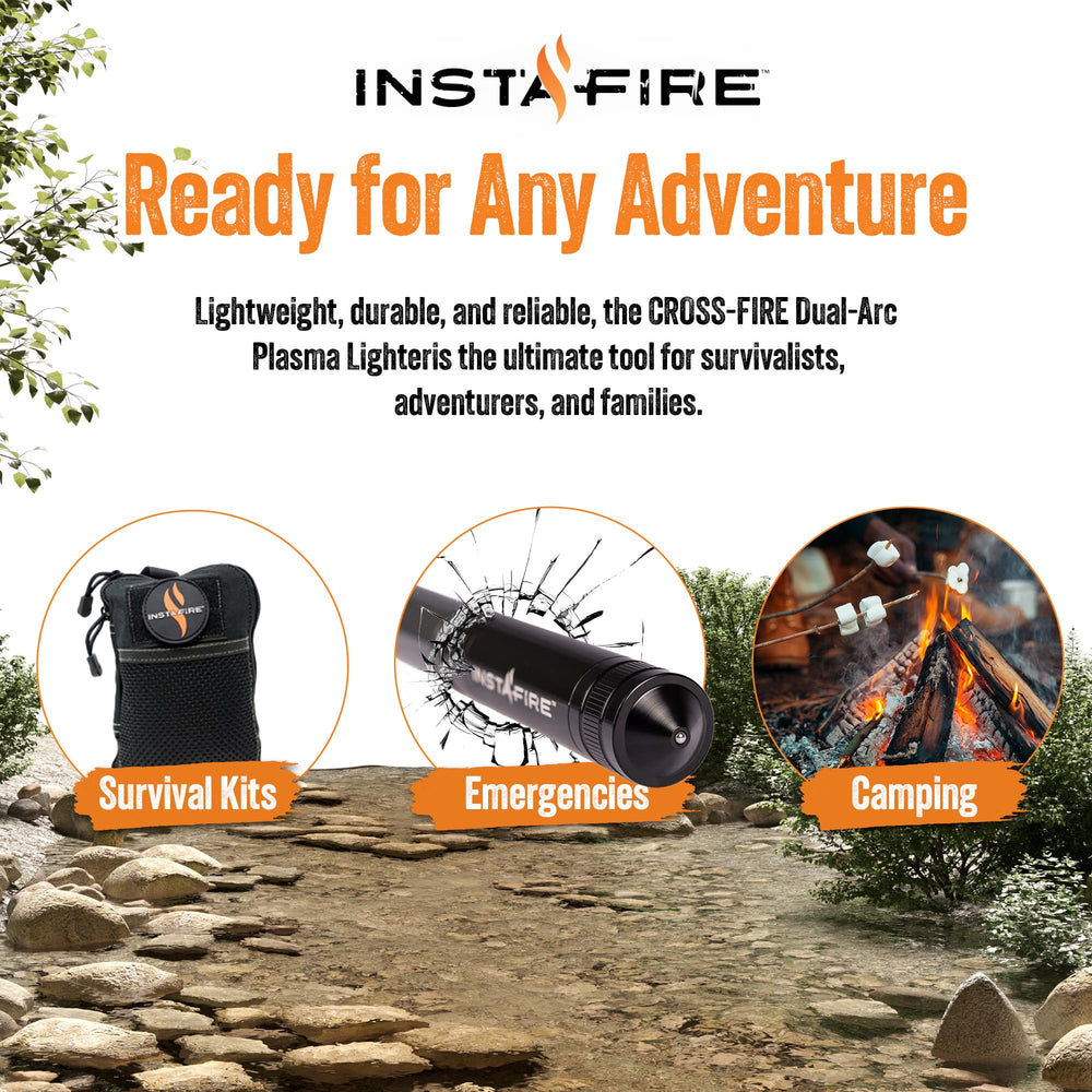 Insta-Fire Cross-Fire dual-arc lighter storage compartment for tinder.