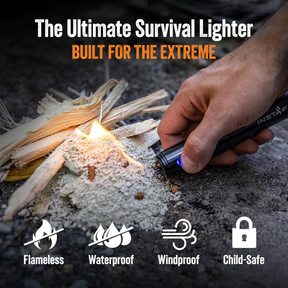 Insta-Fire Cross-Fire dual-arc lighter shows windproof and waterproof design.