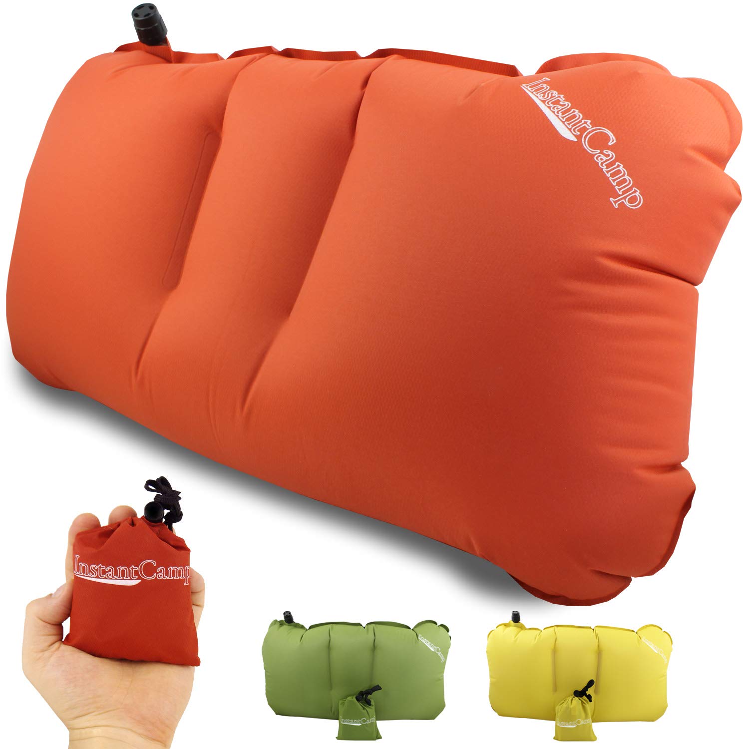 InstantCamp Ultra Light Pillow folded in its compact stuff sack for travel convenience.