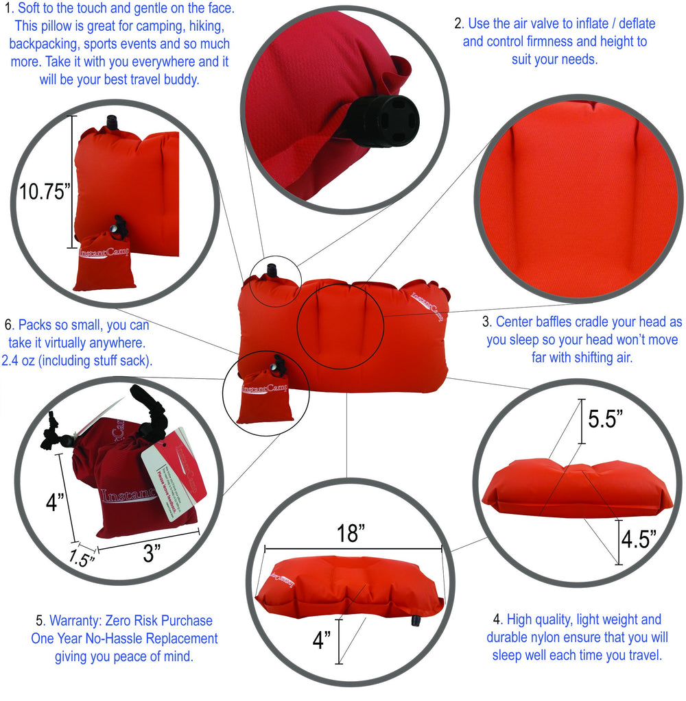 InstantCamp Ultra Light Pillow includes stuff sack and manual for easy setup.