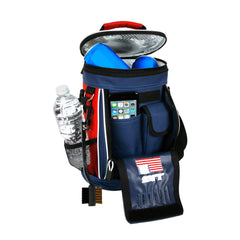 Intech cooler side pocket with mesh bottle holder for easy access.