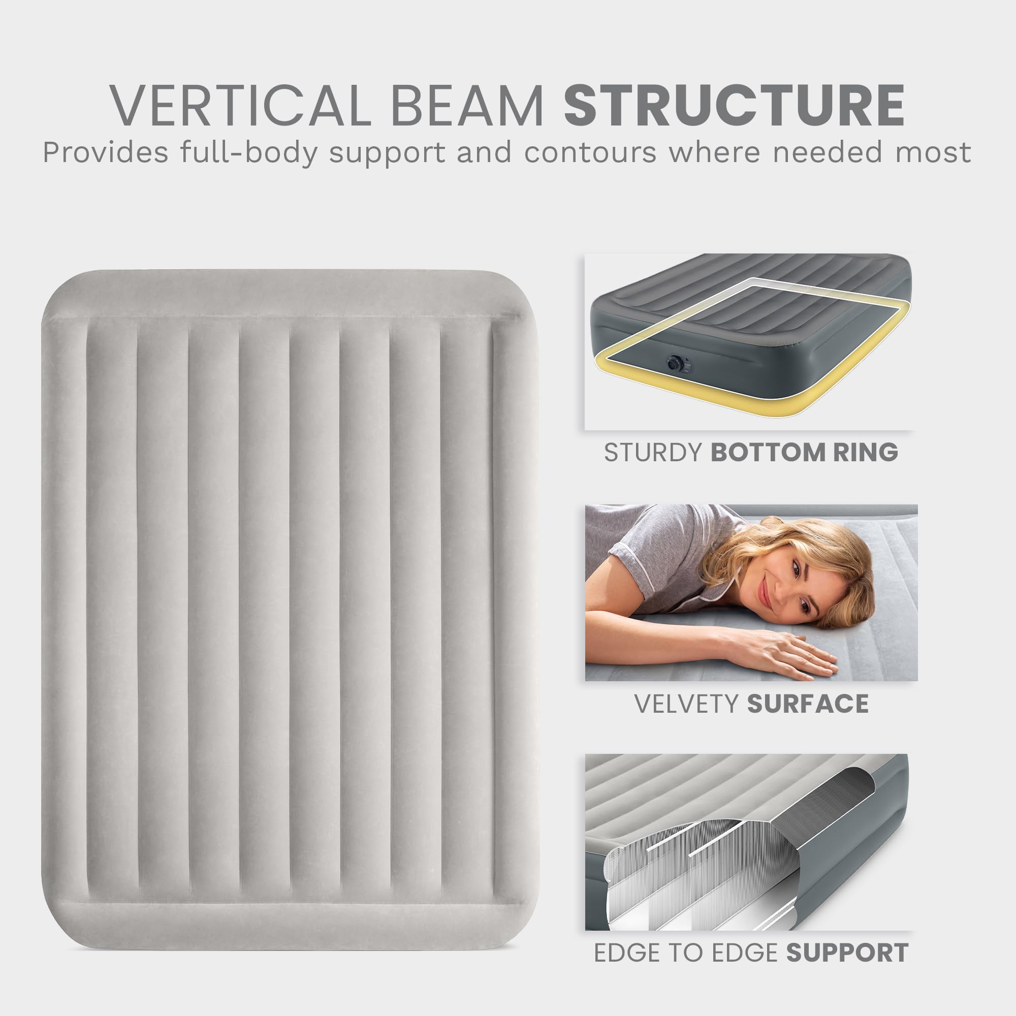 Intex 64125ED velvet-smooth top layer enhances comfort during nightly rest.